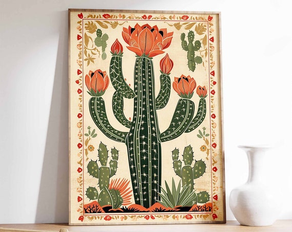 Blooming Saguaro Cactus Mexican Folk Botanical Illustration Art Poster