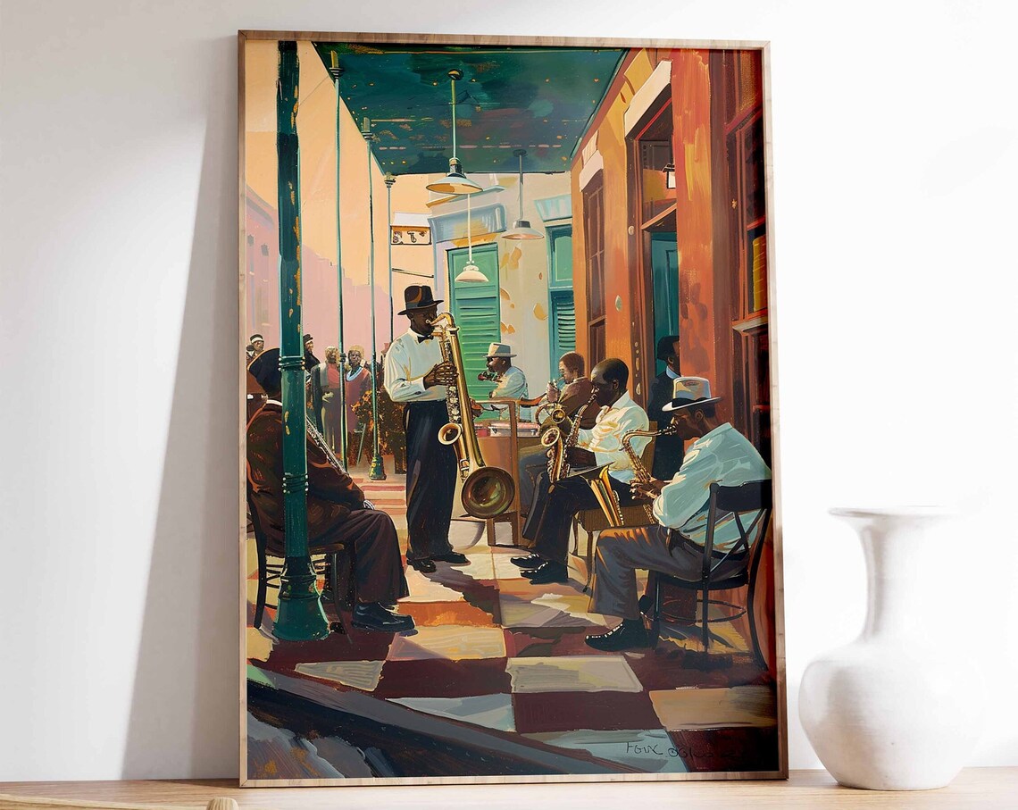 Street Jazz Band With Saxophones New Orleans Style Music Scene Art Poster