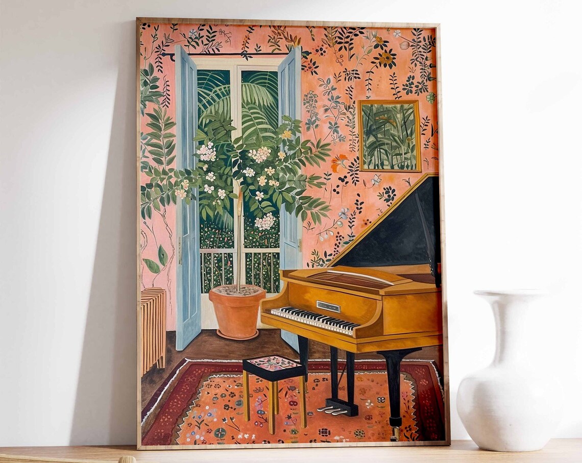 Grand Piano Elegant Music Room Botanical Interior Painting Art Poster