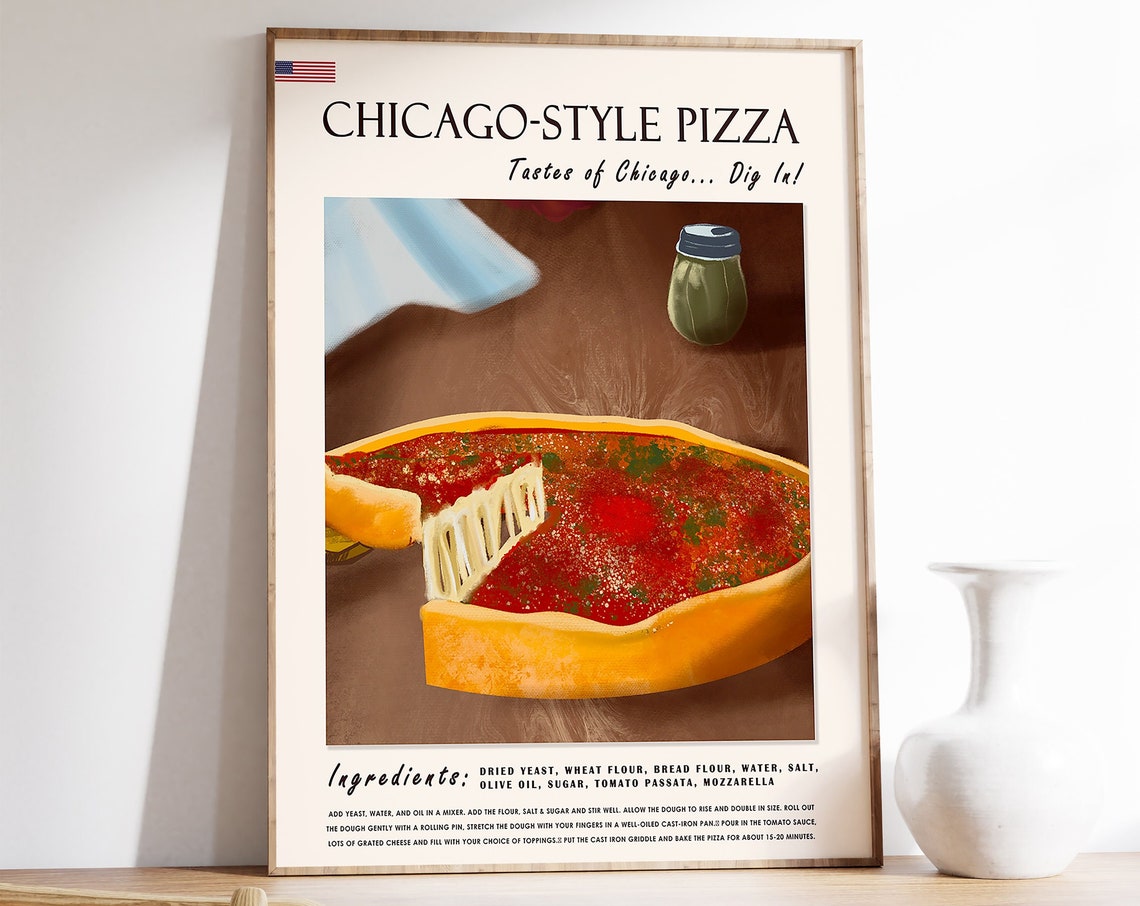 Chicago Style Deep Dish Pizza Recipe Vintage Kitchen Wall Poster