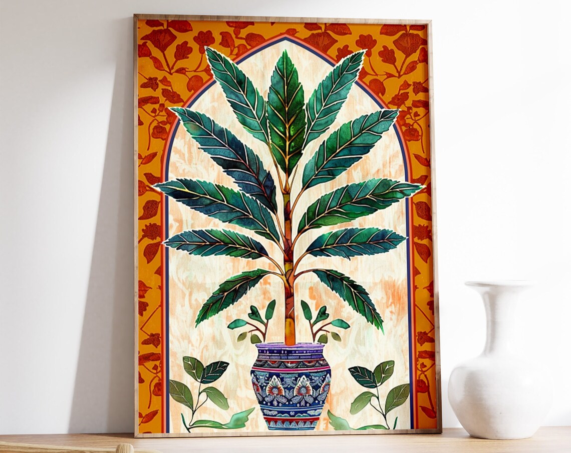 Framed Islamic Floral Arch Potted Plant Ornate Botanical Wall Art
