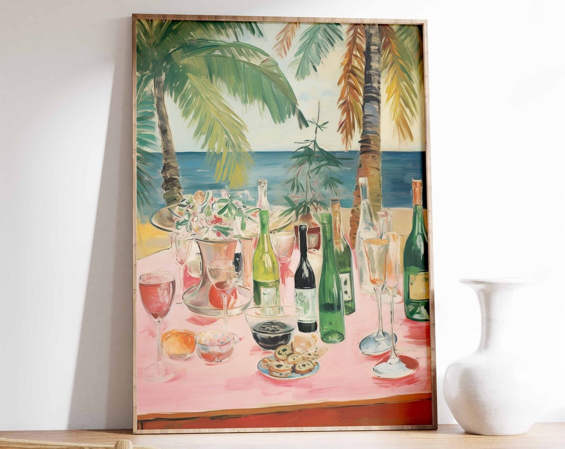 Tropical Beach Dinner Party with Wine Bottles Seaside Art Poster