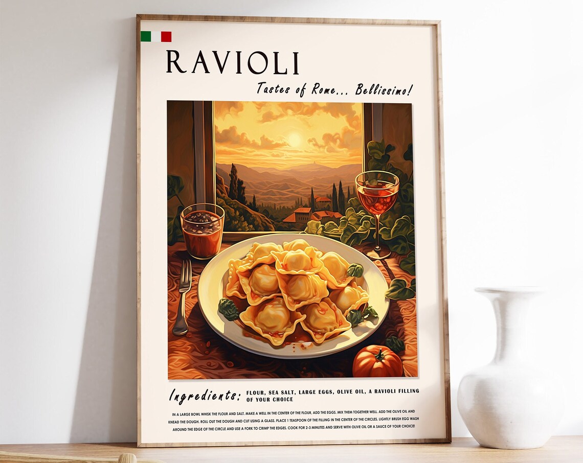 Ravioli Italian Pasta Vintage Recipe Tastes Of Rome Kitchen Art Poster