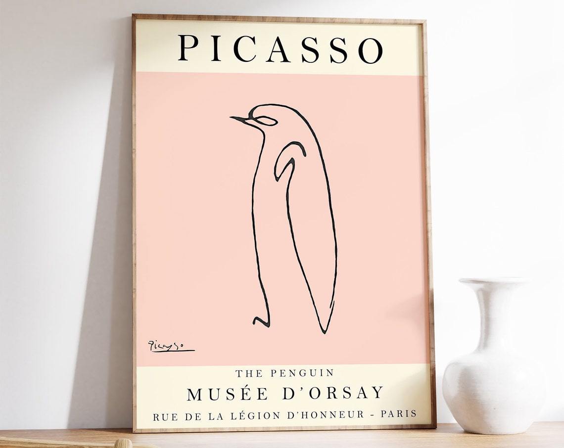 Picasso Exhibition Poster Pink Penguin Vintage Art Animal Art Animal Print Minimalist Poster Line Art Art Print Bedroom Art Gift