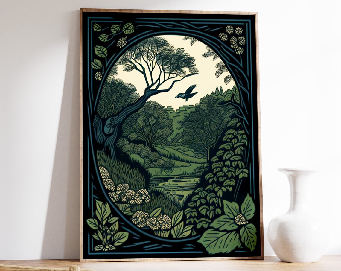 Vintage Woodcut Woodland Forest Stream With Birds Art Poster