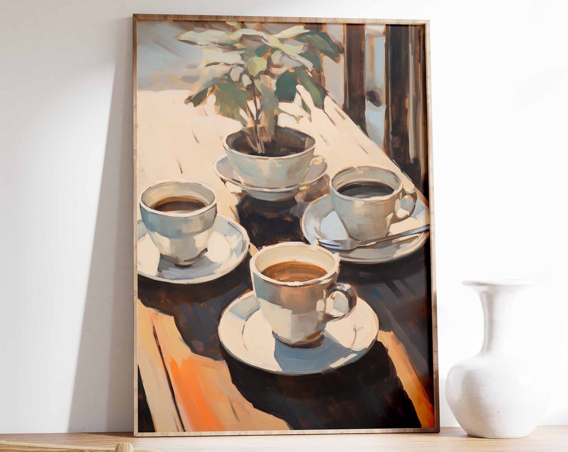 Morning Coffee Cups Sunlit Cozy Cafe Table Painting Art Poster
