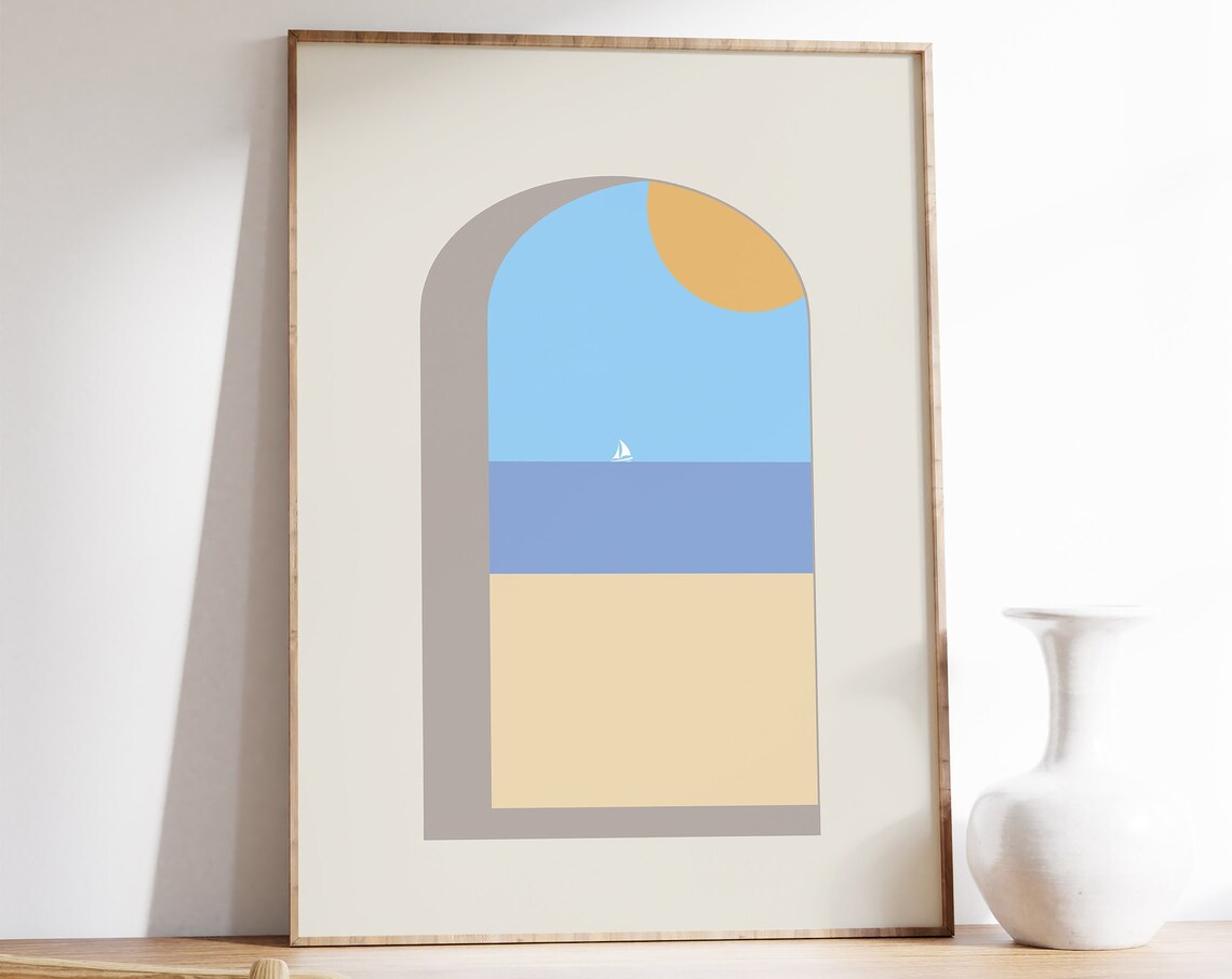 Minimalist Arch Seascape Sailboat Sun Modern Coastal Wall Art