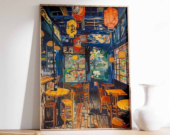 Blue Japanese Bar Interior With Paper Lanterns and Wooden Tables Art Poster