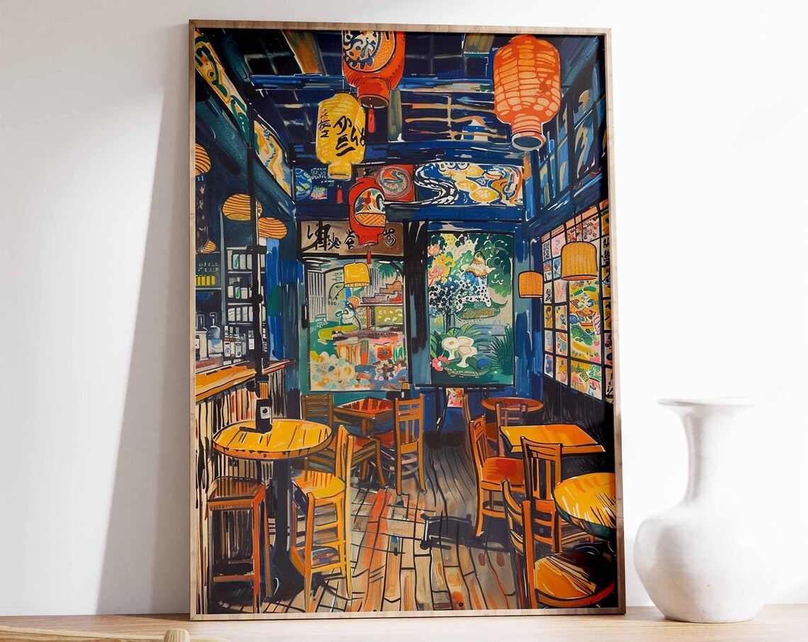 Blue Japanese Bar Interior With Paper Lanterns and Wooden Tables Art Poster