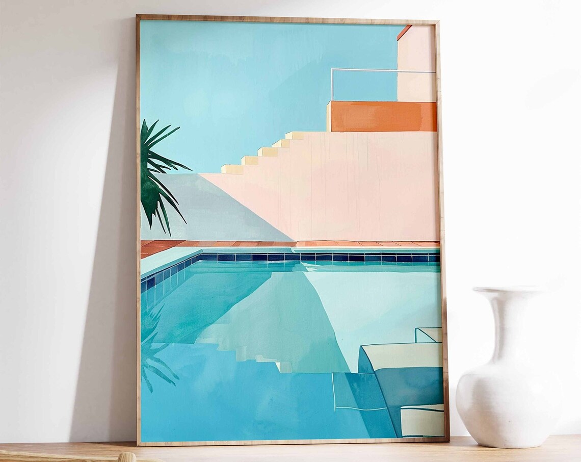 Minimalist Blue Swimming Pool with Steps Summer Modern Art Poster