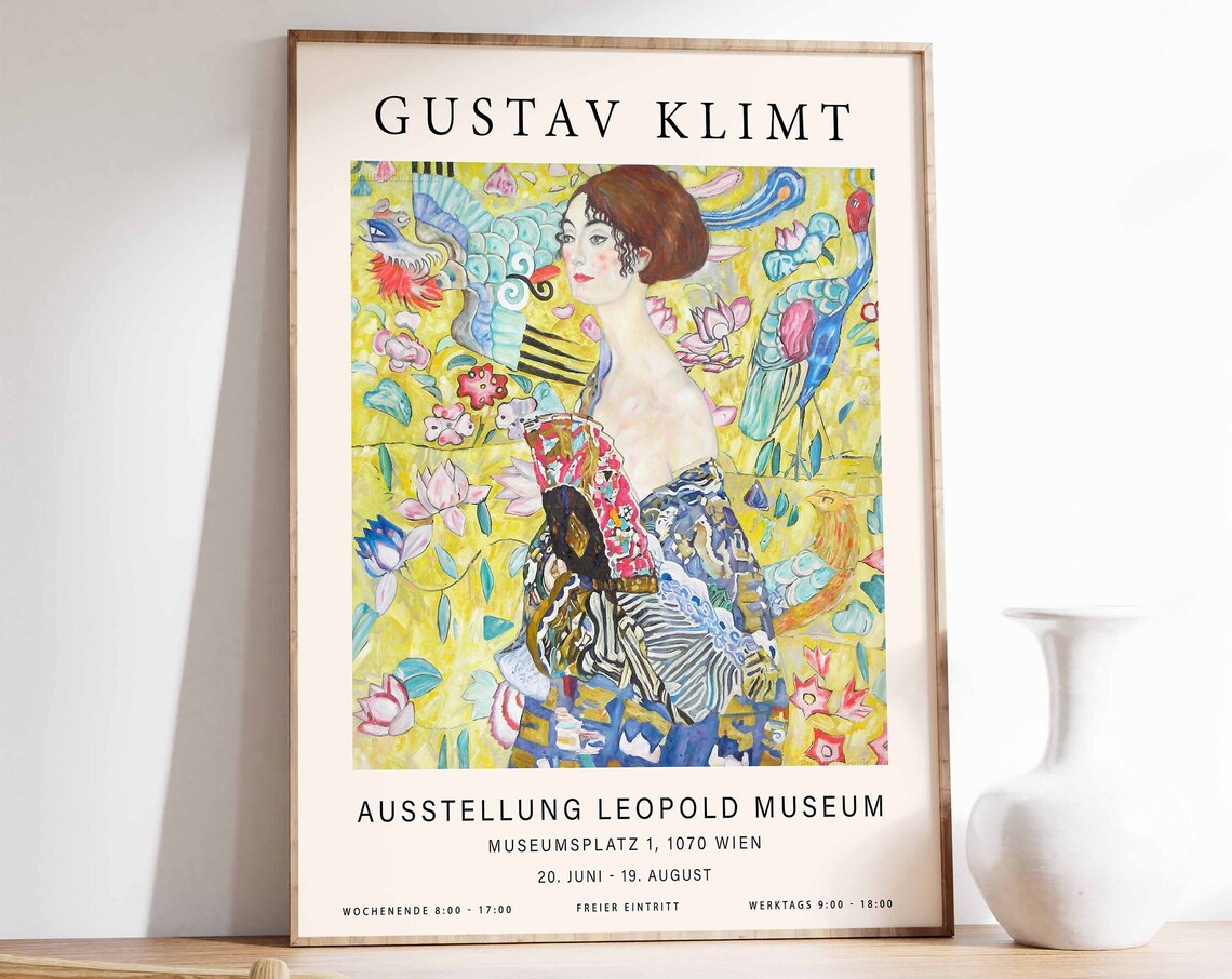 Gustav Klimt Poster Lady With Fan Klimt Exhibition Poster Art Nouveau Modern Art Print Female Wall Art Decor Art Gift A1a2a3a4