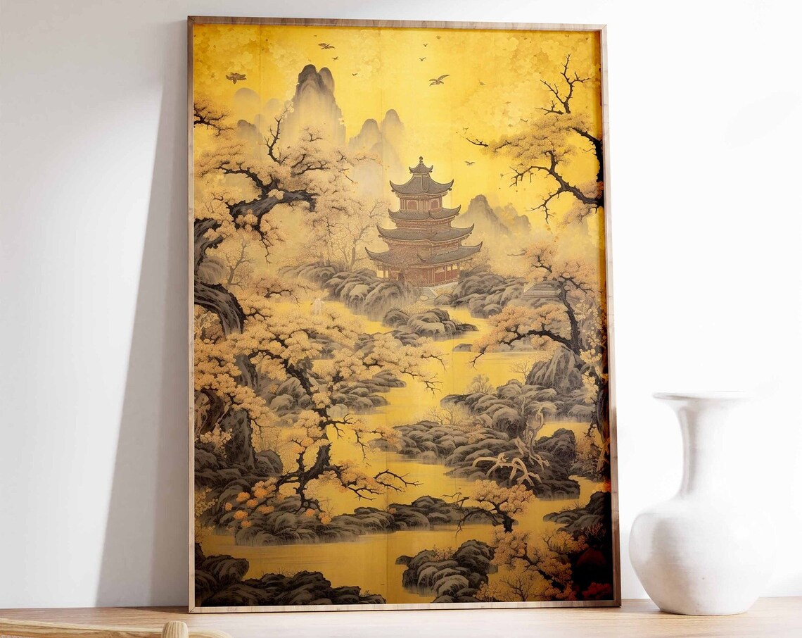 Chinese Vintage Art Print, Asian Landscape Floral