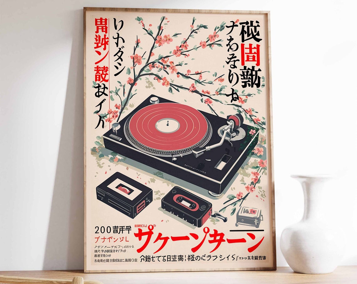 Japanese Retro Record Player Red Vinyl Cassette Art Music Poster