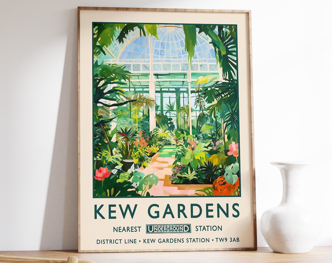 Kew Gardens London Glasshouse Botanical Garden Vintage Poster