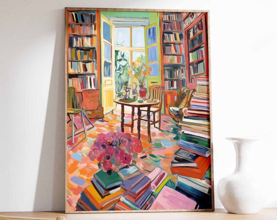 Colorful Library Reading Room Book Stacks Fauvist Interior Art Poster