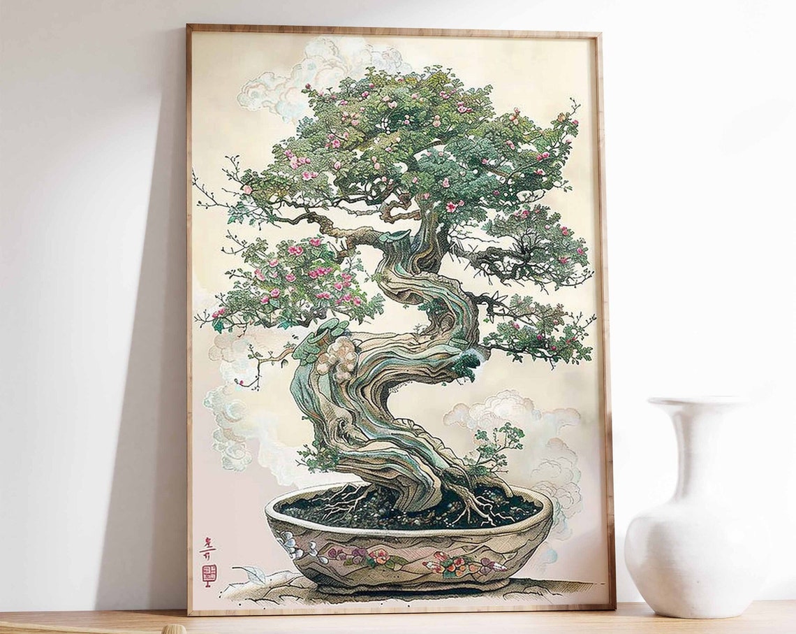 Japanese Bonsai Tree Pink Blossoms Ink Botanical Zen Wall Art