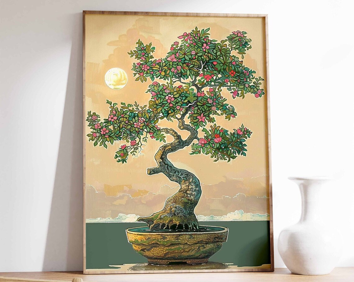 Japanese Bonsai Tree Pink Blossom Moonlit Sea Oriental Art Print