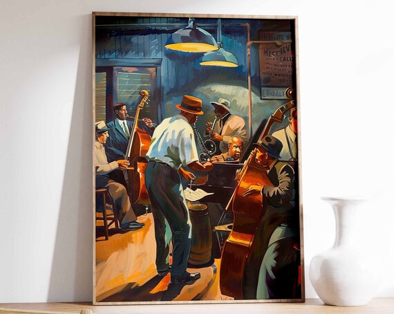Jazz Band Live Club Performance Sax Bass Warm Lamp Light Painting Poster