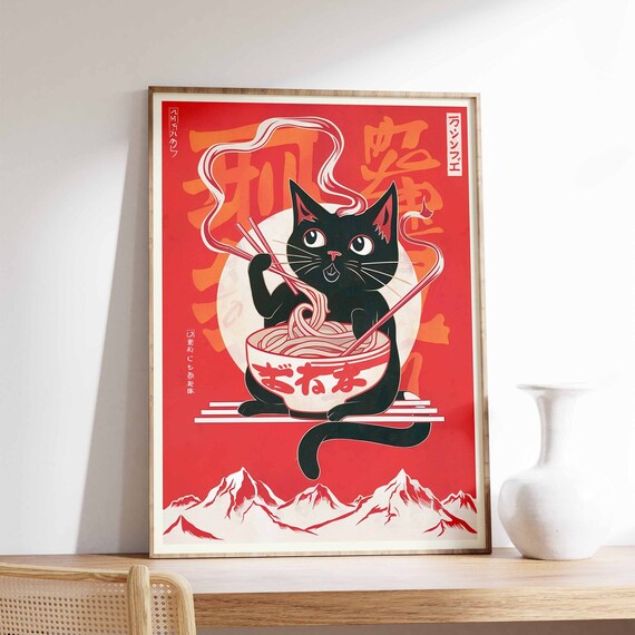 Black Cat Slurping Ramen Noodles Retro Japanese Mountains Poster