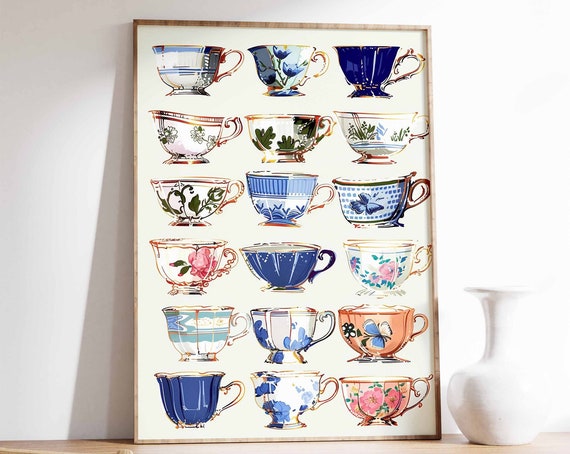 Vintage Teacup Print Retro Coffee Poster Food Print Kitchen Decor Cafe Art Vintage Food Print Tea Decor Vintage Decor