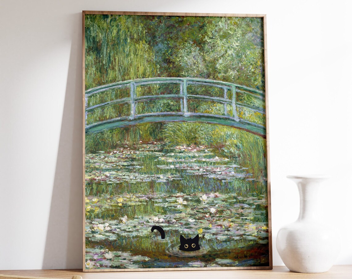 Monet-Inspired Waterlily Cat Poster