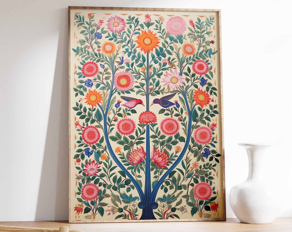 Indian Folk Floral Tree With Birds Vibrant Botanical Art Poster