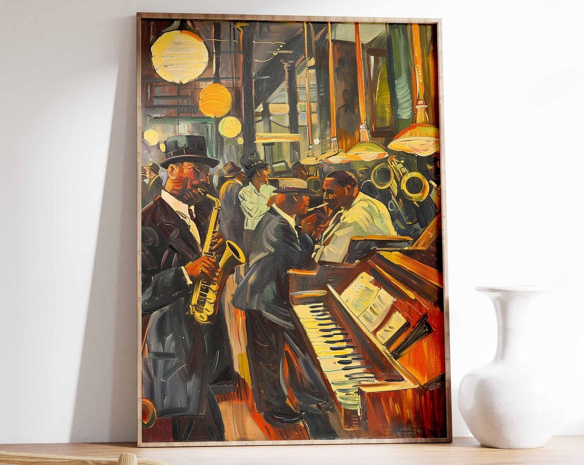 Vintage Jazz Club Night Saxophone Piano Musicians Poster Art