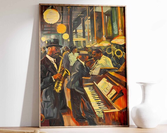 Vintage Jazz Club Night Saxophone Piano Musicians Poster Art