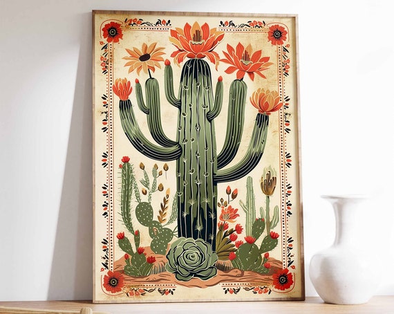 Blooming Saguaro Cactus Orange Blossoms Vintage Desert Poster