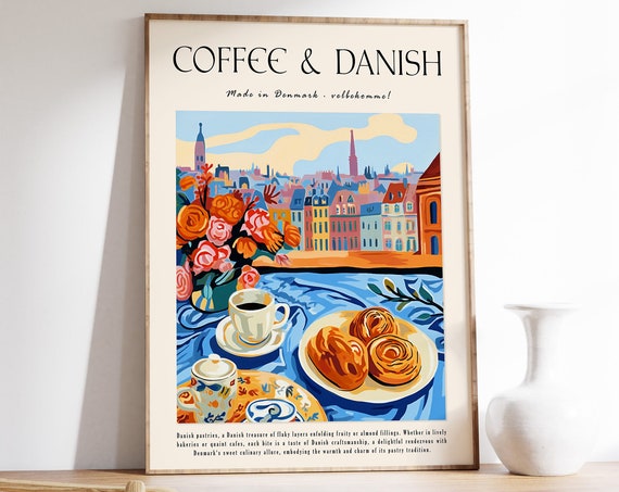 Coffee Poster Danish Pastry Food Poster Dessert Print Cooking Poster Baking Print Kitchen Decor Vintage Food Print Food Gift