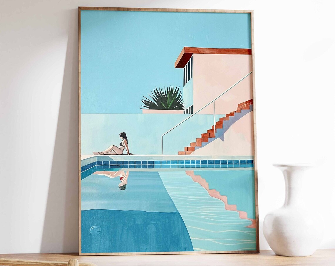 Woman Sitting Pool Edge Water Reflection Retro Summer Poster