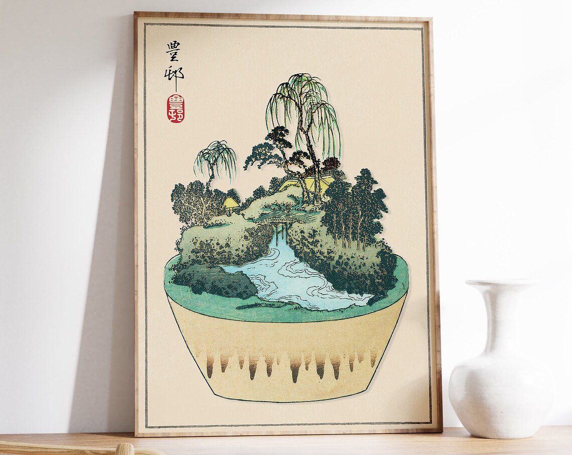 Japanese Bonsai Pot Landscape Willow Woodblock Style Art Poster