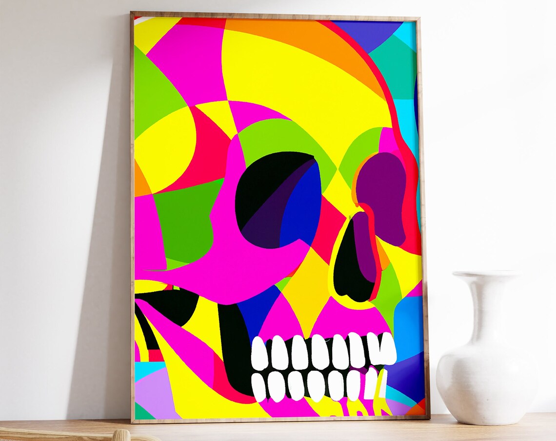 Pop Art Neon Skull Skeleton Colorful Geometric Abstract Human Form Poster