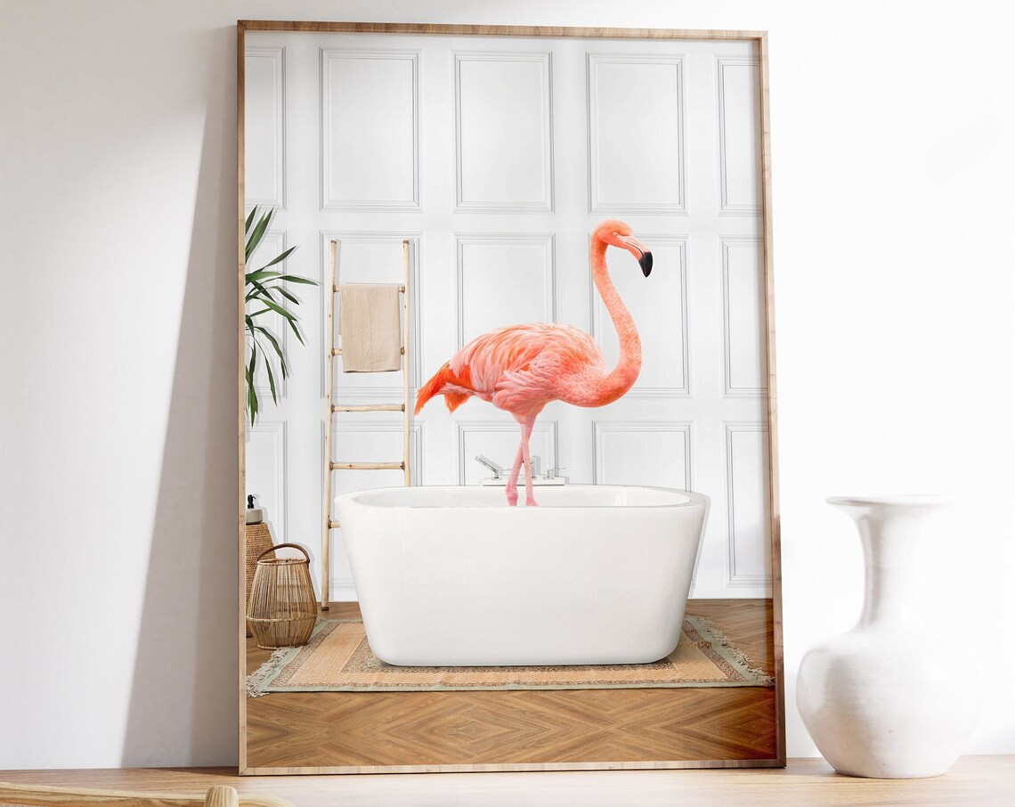 Flamingo in Bathtub Poster Whimsical Pink Flamingo Bathroom Art