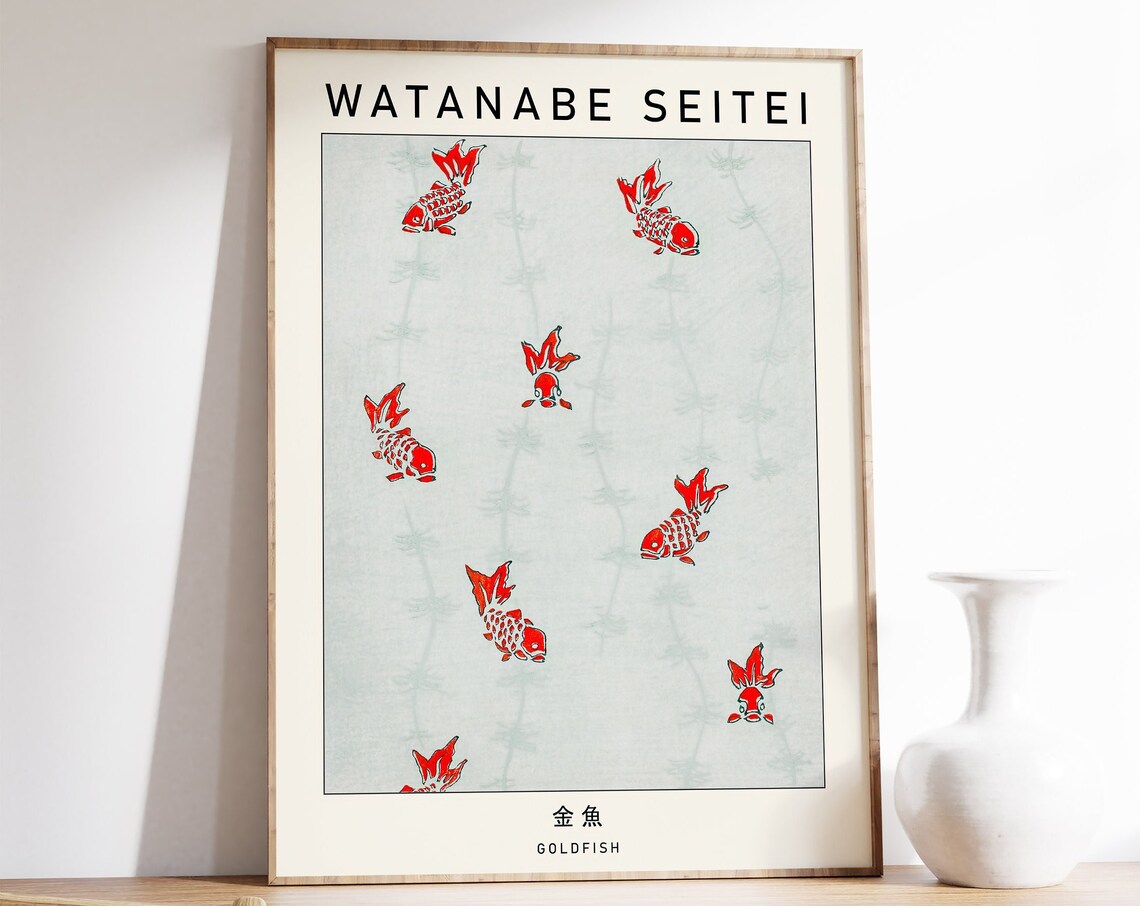 Watanabe Seitei Goldfish Red Japanese Woodblock Style Poster