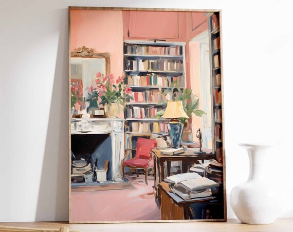 Cozy Library Interior Pink Reading Room Vintage Style Art Print