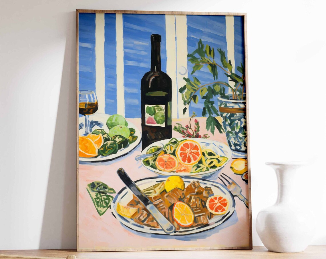 Vintage Dinner Table Food Poster Wine Bottle Citrus Still Life Art