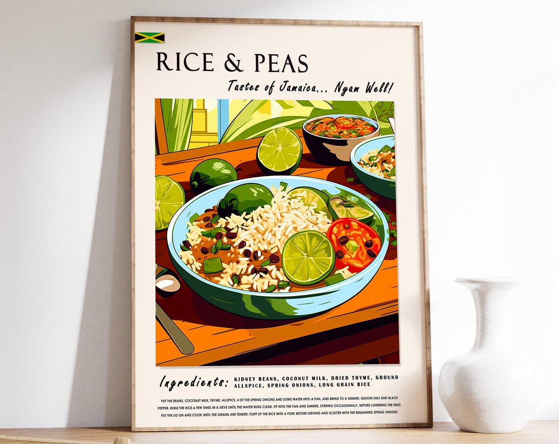 Rice And Peas Jamaican Food Art Print, Kitchen Decor