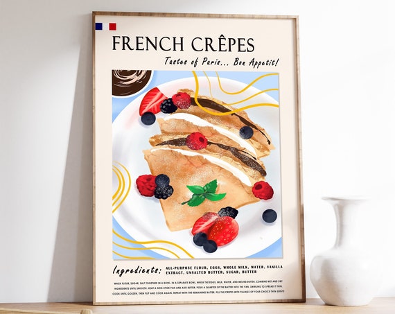 French Crepes Food Poster Pancacke Dessert Print French Food Art Kitchen Decor Cooking Poster Cafe Poster Retro Food Print Food Gift