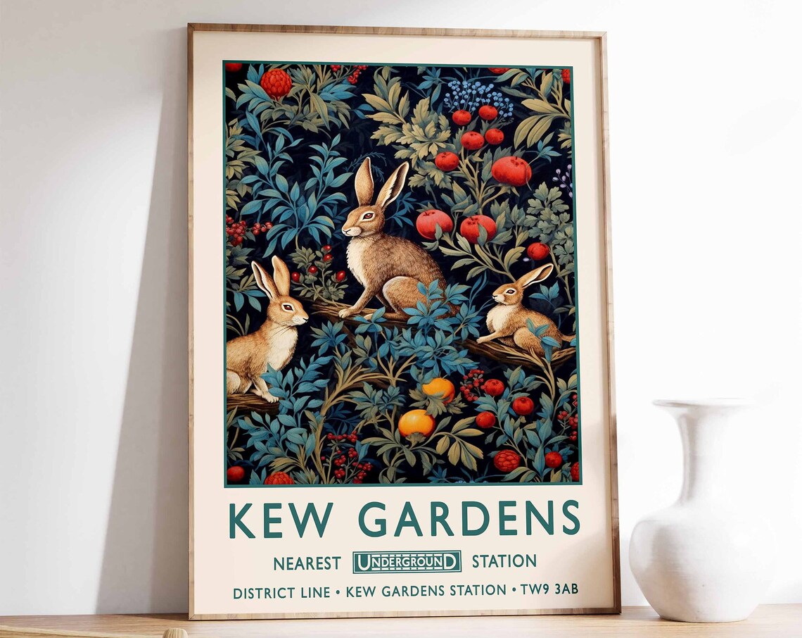 Kew Gardens Rabbits in Woodland Botanical London Travel Poster