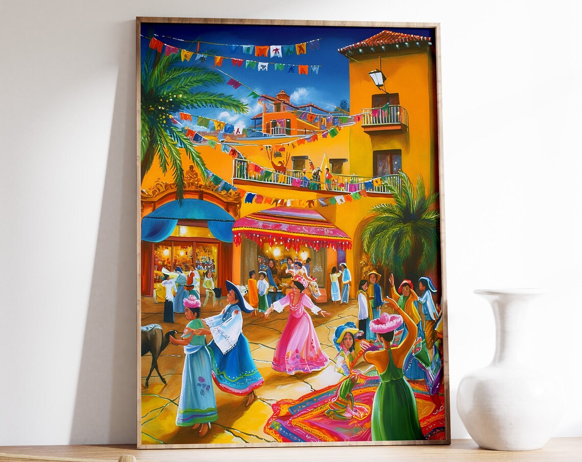 Mexican Fiesta Street Scene Dancers Colorful Plaza Painting Poster