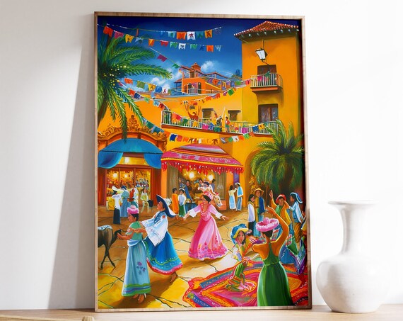 Mexican Fiesta Street Scene Dancers Colorful Plaza Painting Poster