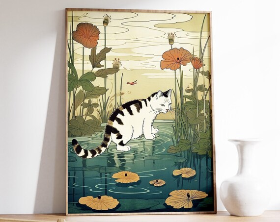 Japanese Cat by Lotus Pond Vintage Ukiyo-e Style Animal Art Poster