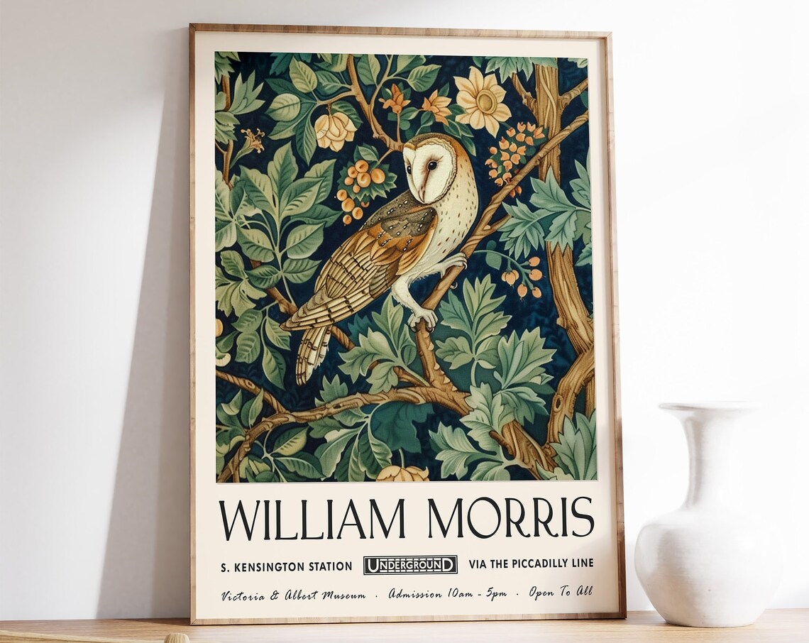 William Morris Owl in Berry Branch Woodland Botanical Style Poster