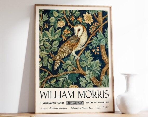 William Morris Owl in Berry Branch Woodland Botanical Style Poster