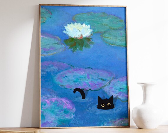 Monet Waterlily Cat Print Claude Monet Cat Poster Cat Art Cat Gift Animal Art Floral Print Wall Art Decor A1a2a3a4