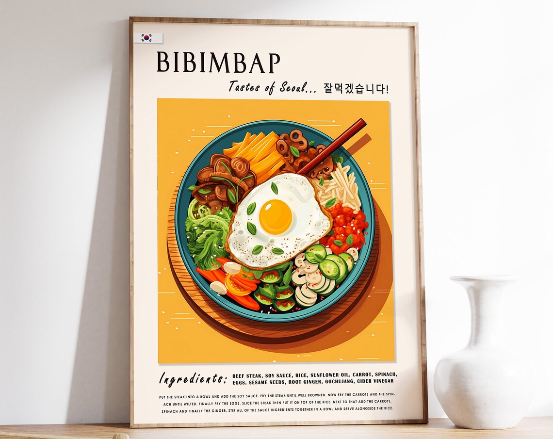 Bibimbap Korean Illustrated Recipe Art Seoul Food Kitchen Decor Poster