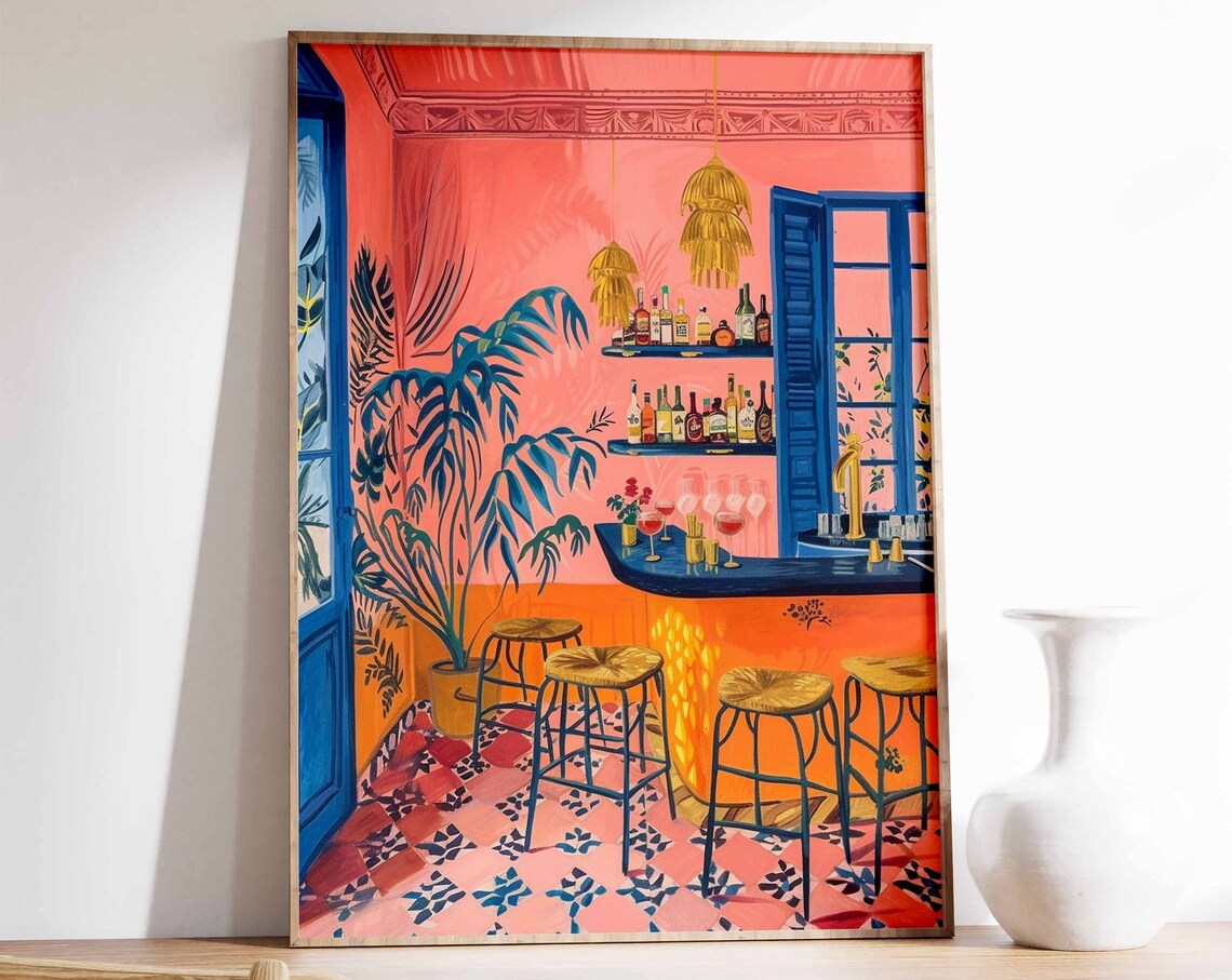 Retro Cocktail Bar Colorful Pink Tropical Bar Scene Decor Poster