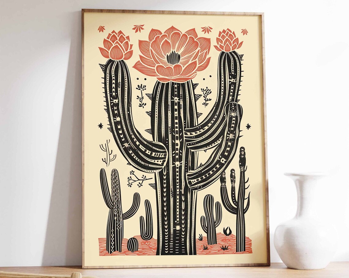 Vintage Mexican Cactus with Flowering Blooms Linocut Art Poster