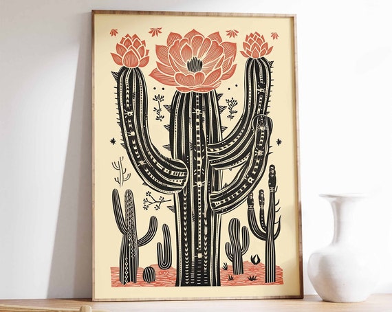 Vintage Mexican Cactus with Flowering Blooms Linocut Art Poster